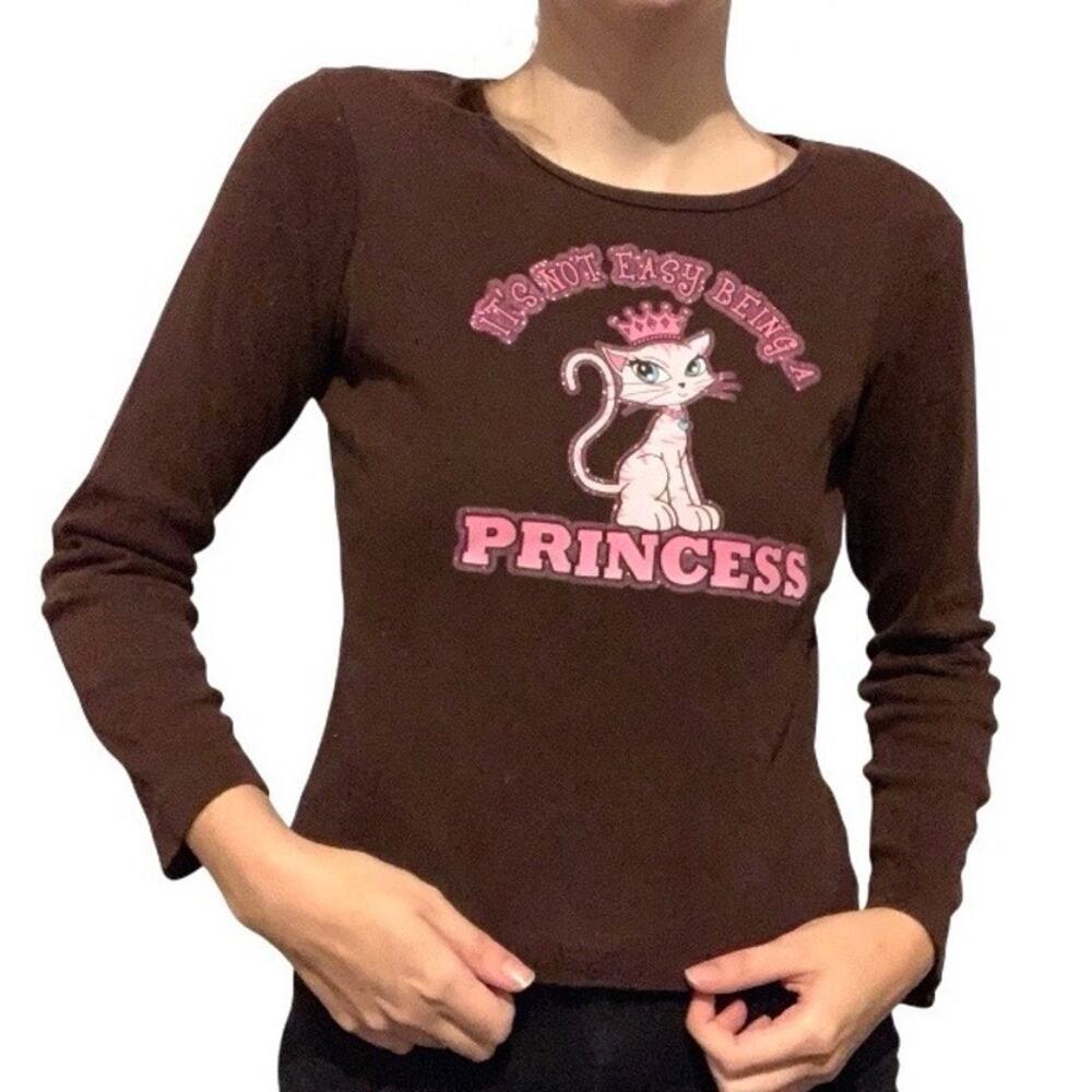 Self Esteem Y2K Brown Princess Cat Graphic Long Sleeve Tee – Small